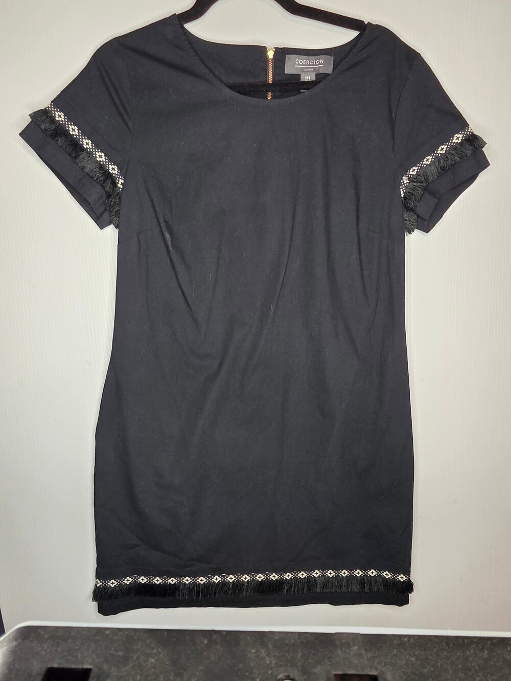 Coercion London Black Fringe Trim Shift Dress Size US 8 Boho Chic Cocktail